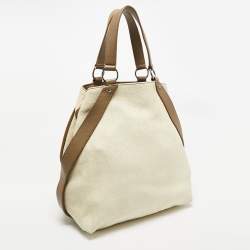 Pre Owned Yves Saint Laurent Cream/Taupe Grey Leather and Raffia Snap Tote