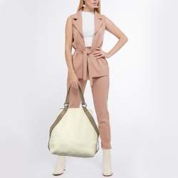 Pre Owned Yves Saint Laurent Cream/Taupe Grey Leather and Raffia Snap Tote