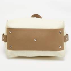 Pre Owned Yves Saint Laurent Cream/Taupe Grey Leather and Raffia Snap Tote