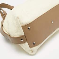 Pre Owned Yves Saint Laurent Cream/Taupe Grey Leather and Raffia Snap Tote