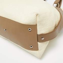 Pre Owned Yves Saint Laurent Cream/Taupe Grey Leather and Raffia Snap Tote