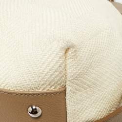 Pre Owned Yves Saint Laurent Cream/Taupe Grey Leather and Raffia Snap Tote