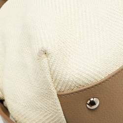 Pre Owned Yves Saint Laurent Cream/Taupe Grey Leather and Raffia Snap Tote