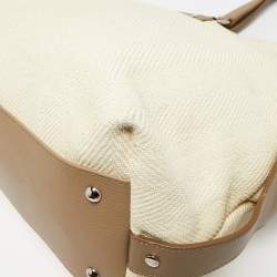 Pre Owned Yves Saint Laurent Cream/Taupe Grey Leather and Raffia Snap Tote