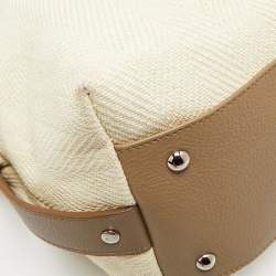 Pre Owned Yves Saint Laurent Cream/Taupe Grey Leather and Raffia Snap Tote