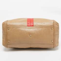 Pre Owned Yves Saint Laurent Beige/Red Leather Lucky Chyc Bowler Bag