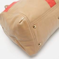 Pre Owned Yves Saint Laurent Beige/Red Leather Lucky Chyc Bowler Bag