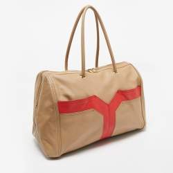 Pre Owned Yves Saint Laurent Beige/Red Leather Lucky Chyc Bowler Bag