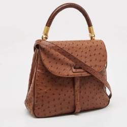 Pre Owned Yves Saint Laurent Brown Ostrich Leather Top Handle Bag