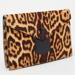 Yves Saint Laurent Brown Leopard Print Calf Hair Envelope Clutch