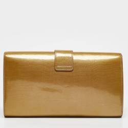 Pre Owned Yves Saint Laurent Gold Patent Leather Y-Ligne Flap Clutch