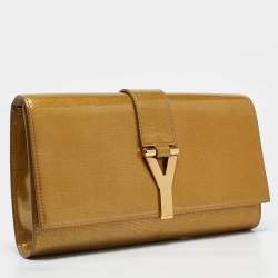 Pre Owned Yves Saint Laurent Gold Patent Leather Y-Ligne Flap Clutch