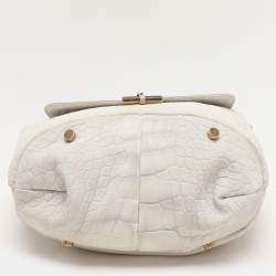 Pre Owned Yves Saint Laurent White Nubuck Croc Embossed Leather Capri Flap Shoulder Bag