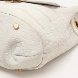 Pre Owned Yves Saint Laurent White Nubuck Croc Embossed Leather Capri Flap Shoulder Bag