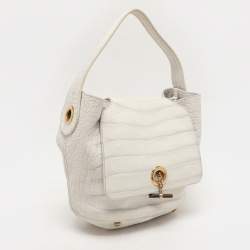 Pre Owned Yves Saint Laurent White Nubuck Croc Embossed Leather Capri Flap Shoulder Bag