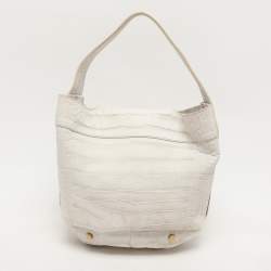 Pre Owned Yves Saint Laurent White Nubuck Croc Embossed Leather Capri Flap Shoulder Bag