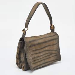 Yves Saint Laurent Grey Croc Embossed Nubuck Leather Shoulder Bag