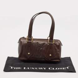 Pre Owned Yves Saint Laurent Dark Brown Leather Logo Boston Bag