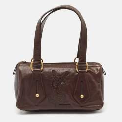 Pre Owned Yves Saint Laurent Dark Brown Leather Logo Boston Bag