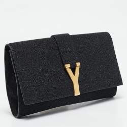 Yves Saint Laurent Black Metallic Glitter Suede Y Line Flap Clutch