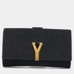 Yves Saint Laurent Black Metallic Glitter Suede Y Line Flap Clutch