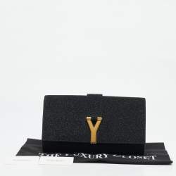 Yves Saint Laurent Black Metallic Glitter Suede Y Line Flap Clutch