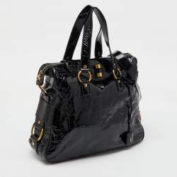 Yves Saint Laurent Black Croc Embossed Patent Leather Muse Messenger Bag