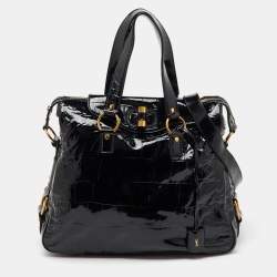 Yves Saint Laurent Black Croc Embossed Patent Leather Muse Messenger Bag