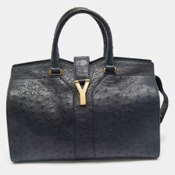 Yves Saint Laurent Navy Blue Ostrich Medium Cabas Chyc Tote