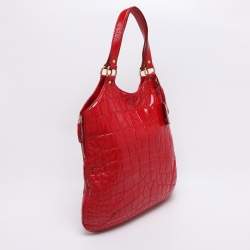 Pre Owned Yves Saint Laurent Red Croc Embossed Patent Leather Tribute Tote
