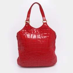 Pre Owned Yves Saint Laurent Red Croc Embossed Patent Leather Tribute Tote