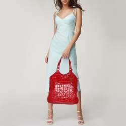 Pre Owned Yves Saint Laurent Red Croc Embossed Patent Leather Tribute Tote