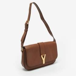 Pre Owned Yves Saint Laurent Brown Leather Large Chyc Flap Shoulder Bag