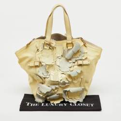 Pre Owned Yves Saint Laurent Light Yellow Patent Leather Floral Applique Downtown Tote