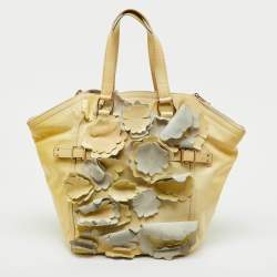 Pre Owned Yves Saint Laurent Light Yellow Patent Leather Floral Applique Downtown Tote