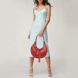 Pre Owned حقيبة هوبو إيف سان لوران جلد أحمر و سويدي مزينة بأشرطة الزينة