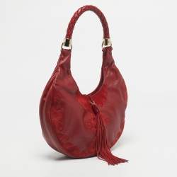 Pre Owned حقيبة هوبو إيف سان لوران جلد أحمر و سويدي مزينة بأشرطة الزينة