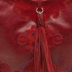 Pre Owned حقيبة هوبو إيف سان لوران جلد أحمر و سويدي مزينة بأشرطة الزينة