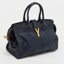 Pre Owned Yves Saint Laurent Navy Blue Leather Medium Cabas Y-Ligne Tote