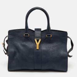 Pre Owned Yves Saint Laurent Navy Blue Leather Medium Cabas Y-Ligne Tote