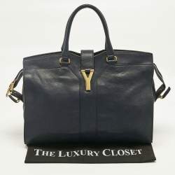 Pre Owned Yves Saint Laurent Navy Blue Leather Large Cabas Chyc Tote