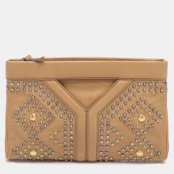 Pre Owned Yves Saint Laurent Beige Leather Studded Clutch