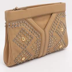 Pre Owned Yves Saint Laurent Beige Leather Studded Clutch
