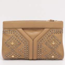 Pre Owned Yves Saint Laurent Beige Leather Studded Clutch