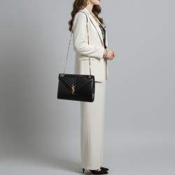 Pre Owned Saint Laurent Envelope Large Black Matelasse Leather Shoulder Bag