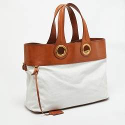 Pre Owned حقيبة إيف سان لوران كانفاس و جلد بالمينا تان/أبيض