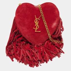 مملوكة مسبقًا Saint Laurent Heart Fringe Red Suede Chain Crossbody Bag