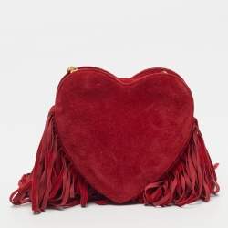 مملوكة مسبقًا Saint Laurent Heart Fringe Red Suede Chain Crossbody Bag
