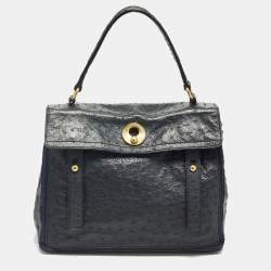 Pre Owned Yves Saint Laurent Muse Two Navy Blue Ostrich Leather and Suede Top Handle Bag