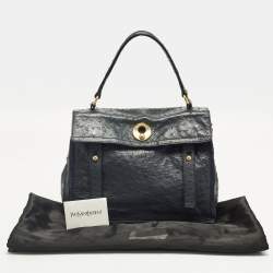 Pre Owned Yves Saint Laurent Muse Two Navy Blue Ostrich Leather and Suede Top Handle Bag